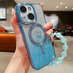 For iPhone 15 Loves Leaves Gradient Glitter Bracelets Carbon Fiber Magsafe TPU Phone Case(Blue)