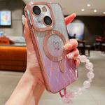 For iPhone 14 Plus Loves Leaves Gradient Glitter Bracelets Carbon Fiber Magsafe TPU Phone Case(Pink)