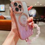 For iPhone 14 Pro Loves Leaves Gradient Glitter Bracelets Carbon Fiber Magsafe TPU Phone Case(Pink)