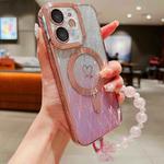 For iPhone 11 Loves Leaves Gradient Glitter Bracelets Carbon Fiber Magsafe TPU Phone Case(Pink)