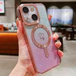 For iPhone 15 Loves Gradient Glitter Carbon Fiber Magsafe TPU Phone Case(Pink)