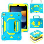 For iPad 10.2 2021 / 2020 / 2019 Legend Grip Holder Silicone Hybrid PC Tablet Case with Strap(Blue Fluorescent Yellow)