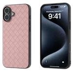 For iPhone 16 Black Frame Woven Texture PU Phone Case(Pink)