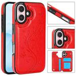 For iPhone 16 Double Buckle Butterfly Embossing PU Phone Case(Red)