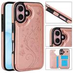 For iPhone 16 Double Buckle Butterfly Embossing PU Phone Case(Rose Gold)