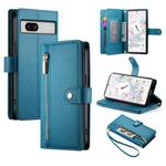 For Google Pixel 7a Nine Card-slot Zipper Wallet Bag Leather Phone Case(Blue)