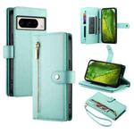 For Google Pixel 8a Nine Card-slot Zipper Wallet Bag Leather Phone Case(Mint Green)