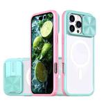 For iPhone 16 Pro Clear Acrylic + PC + TPU MagSafe Lens Sliding Cover Full Coverage Phone Case(Blue+Pink)