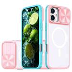 For iPhone 16 Plus Clear Acrylic + PC + TPU MagSafe Lens Sliding Cover Full Coverage Phone Case(Pink+Cyan)