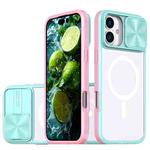 For iPhone 16 Plus Clear Acrylic + PC + TPU MagSafe Lens Sliding Cover Full Coverage Phone Case(Blue+Pink)