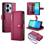 For Redmi 13 Nine Card-slot Zipper Wallet Bag Leather Phone Case(Red)