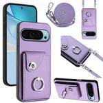 For Google Pixel 9 Organ Card Bag Ring Holder Phone Case with Long Lanyard(Purple)