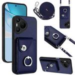 For Huawei Pura 70 Organ Card Bag Ring Holder Phone Case with Long Lanyard(Blue)