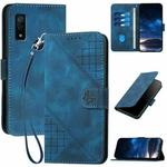 For Fujitsu Arrows We F-51B YX0080 Grid Butterfly Embossed Pattern Flip Leather Phone Case with Lanyard(Dark Blue)