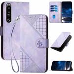 For Sony Xperia 1 III YX0080 Grid Butterfly Embossed Pattern Flip Leather Phone Case with Lanyard(Light Purple)