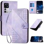 For Redmi K50 Ultra YX0080 Grid Butterfly Embossed Pattern Flip Leather Phone Case with Lanyard(Light Purple)