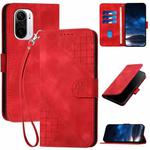 For Xiaomi Poco F3 YX0080 Grid Butterfly Embossed Pattern Flip Leather Phone Case with Lanyard(Red)