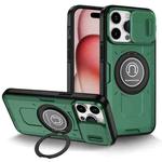 For iPhone 15 Pro Max Sliding Camshield TPU Hybrid PC Magnetic Holder Phone Case(Dark Green)