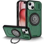 For iPhone 15 Sliding Camshield TPU Hybrid PC Magnetic Holder Phone Case(Dark Green)