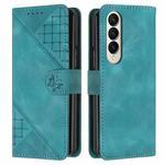 For Samsung Galaxy Z Fold4 YX0080 Grid Butterfly Embossed Pattern Flip Leather Phone Case with Lanyard(Light Blue)