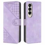 For Samsung Galaxy Z Fold4 YX0080 Grid Butterfly Embossed Pattern Flip Leather Phone Case with Lanyard(Light Purple)