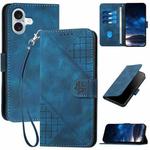 For iPhone 16 Plus YX0080 Grid Butterfly Embossed Pattern Flip Leather Phone Case with Lanyard(Dark Blue)