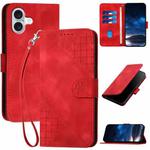 For iPhone 16 Plus YX0080 Grid Butterfly Embossed Pattern Flip Leather Phone Case with Lanyard(Red)