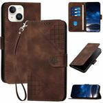 For iPhone 15 YX0080 Grid Butterfly Embossed Pattern Flip Leather Phone Case with Lanyard(Coffee)