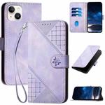 For iPhone 14 Plus YX0080 Grid Butterfly Embossed Pattern Flip Leather Phone Case with Lanyard(Light Purple)