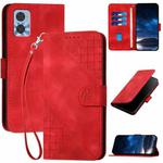 For Motorola Moto E22 YX0080 Grid Butterfly Embossed Pattern Flip Leather Phone Case with Lanyard(Red)