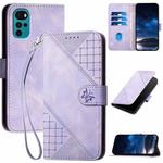 For Motorola Moto G22 Grid Butterfly Embossed Pattern Leather Phone Case with Lanyard(Light Purple)