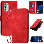 For Motorola Moto G52 Grid Butterfly Embossed Pattern Leather Phone Case with Lanyard(Red)