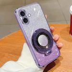 For iPhone 16 Plus Plated Gradient Glitter Round Holder TPU Phone Case(Purple)