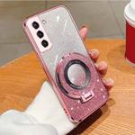 For Samsung Galaxy S22+ 5G Plated Gradient Glitter Round Holder TPU Phone Case(Pink)