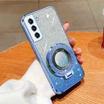 For Samsung Galaxy S22 5G Plated Gradient Glitter Round Holder TPU Phone Case(Sierra Blue)