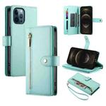 For iPhone 12 Pro Max Nine Card-slot Zipper Wallet Bag Leather Phone Case(Mint Green)