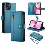 For iPhone 13 Nine Card-slot Zipper Wallet Bag Leather Phone Case(Blue)