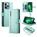 For iPhone 13 Pro Nine Card-slot Zipper Wallet Bag Leather Phone Case(Mint Green)