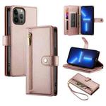 For iPhone 13 Pro Max Nine Card-slot Zipper Wallet Bag Leather Phone Case(Pink)