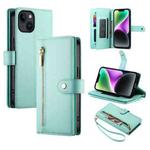 For iPhone 14 Nine Card-slot Zipper Wallet Bag Leather Phone Case(Mint Green)