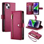 For iPhone 14 Plus Nine Card-slot Zipper Wallet Bag Leather Phone Case(Red)