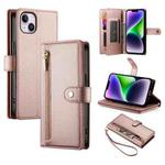 For iPhone 14 Plus Nine Card-slot Zipper Wallet Bag Leather Phone Case(Pink)