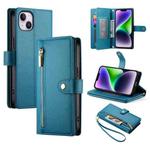 For iPhone 14 Plus Nine Card-slot Zipper Wallet Bag Leather Phone Case(Blue)