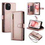 For iPhone 15 Nine Card-slot Zipper Wallet Bag Leather Phone Case(Pink)