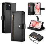 For iPhone 15 Nine Card-slot Zipper Wallet Bag Leather Phone Case(Black)