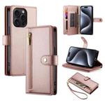 For iPhone 15 Pro Nine Card-slot Zipper Wallet Bag Leather Phone Case(Pink)