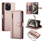 For iPhone 15 Pro Max Nine Card-slot Zipper Wallet Bag Leather Phone Case(Pink)