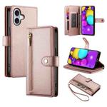 For iPhone 16 Nine Card-slot Zipper Wallet Bag Leather Phone Case(Pink)