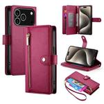 For iPhone 17 Pro Nine Card-slot Zipper Wallet Bag Leather Phone Case(Red)