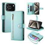 For iPhone 17 Pro Nine Card-slot Zipper Wallet Bag Leather Phone Case(Mint Green)